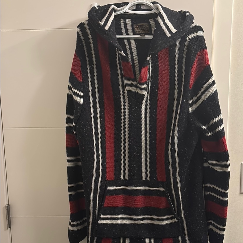 Lucky Brand Black and Red Striped Sweater with Geometric Pattern